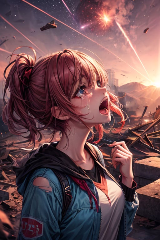 girl, screaming, looking at the sky, red sky, falling asteroids in the background, all around the destroyed place, torn clothes, tears in HD, in the sky a light of light blue color hope, girl looking at the sky
,HD,4K,FULLHD