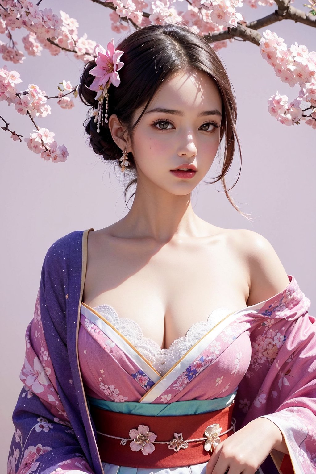 (masterpiece, top quality, best quality, official art, beautiful and aesthetic:1.2), (1girl), extreme detailed,(fractal art:1.3),colorful,highest detailed,ppcp,r1ge, sakura, cherry_blossoms, pink kimono,Animé, sakura, kimono, ((realistic)),looking at viewer, sexy,