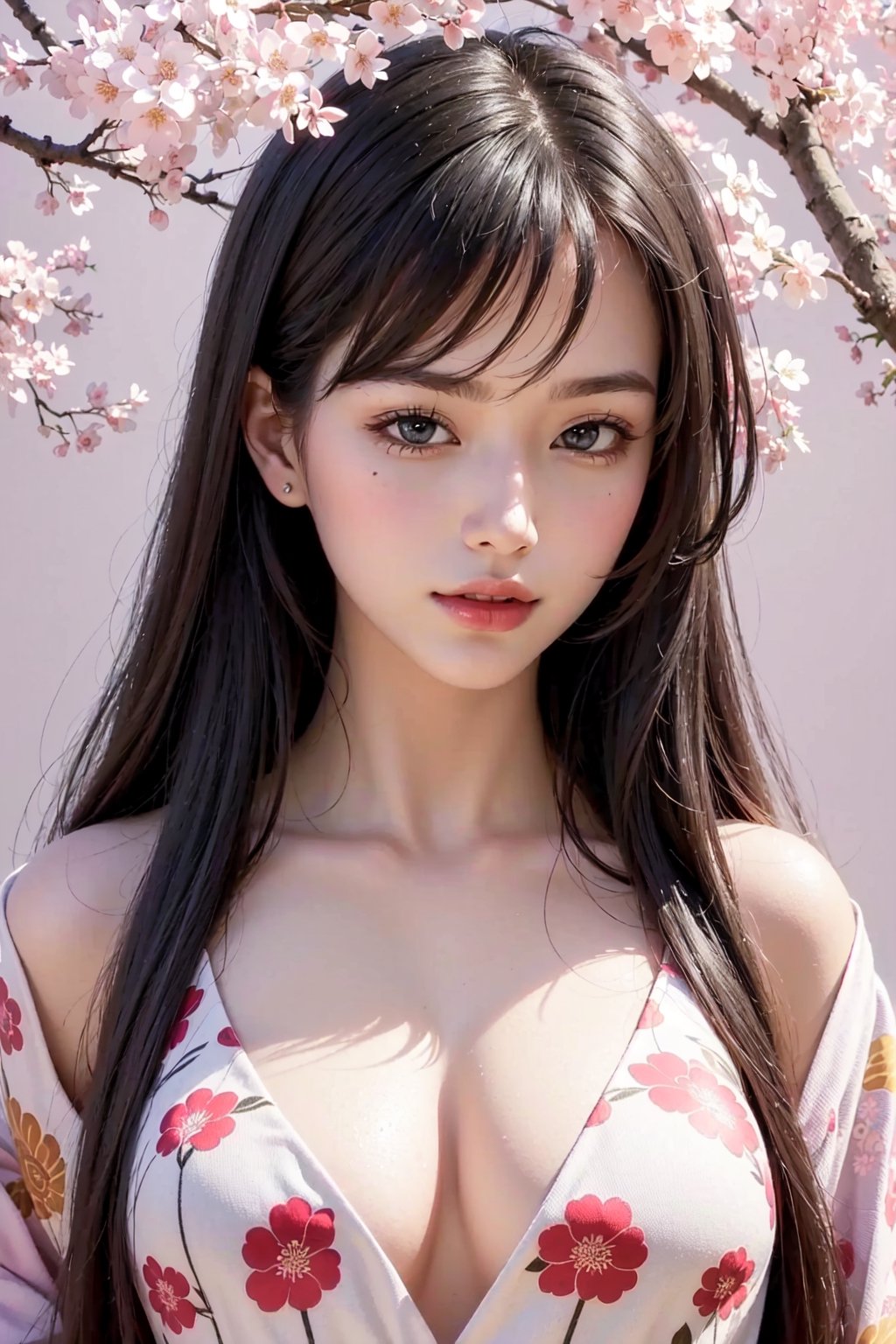 (masterpiece, top quality, best quality, official art, beautiful and aesthetic:1.2), (1girl), extreme detailed,(fractal art:1.3),colorful,highest detailed,ppcp,r1ge, sakura, cherry_blossoms, pink kimono,Animé, sakura, kimono, ((realistic)),looking at viewer, sexy,