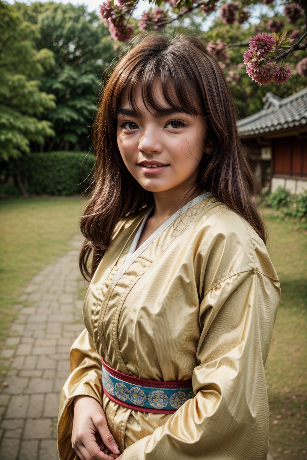 (top quality, 8k, ultra detailed, masterpiece, raw photo), beautiful detailed, ((jpanese beauty:1.3) in Japanese, traditional pale gold color-based furisode with blue-flower pattern), (beautiful eyes), (delicate face), (perfect detail), smile, (lbrown hair blunt bangs), top quality, ultra-detailed, photorealistic, 8k, wide Shots: 1.5, full body, natural sunlight, depth of fields, close-up portrait, sharp-focus,full_body,background is a cherry tree