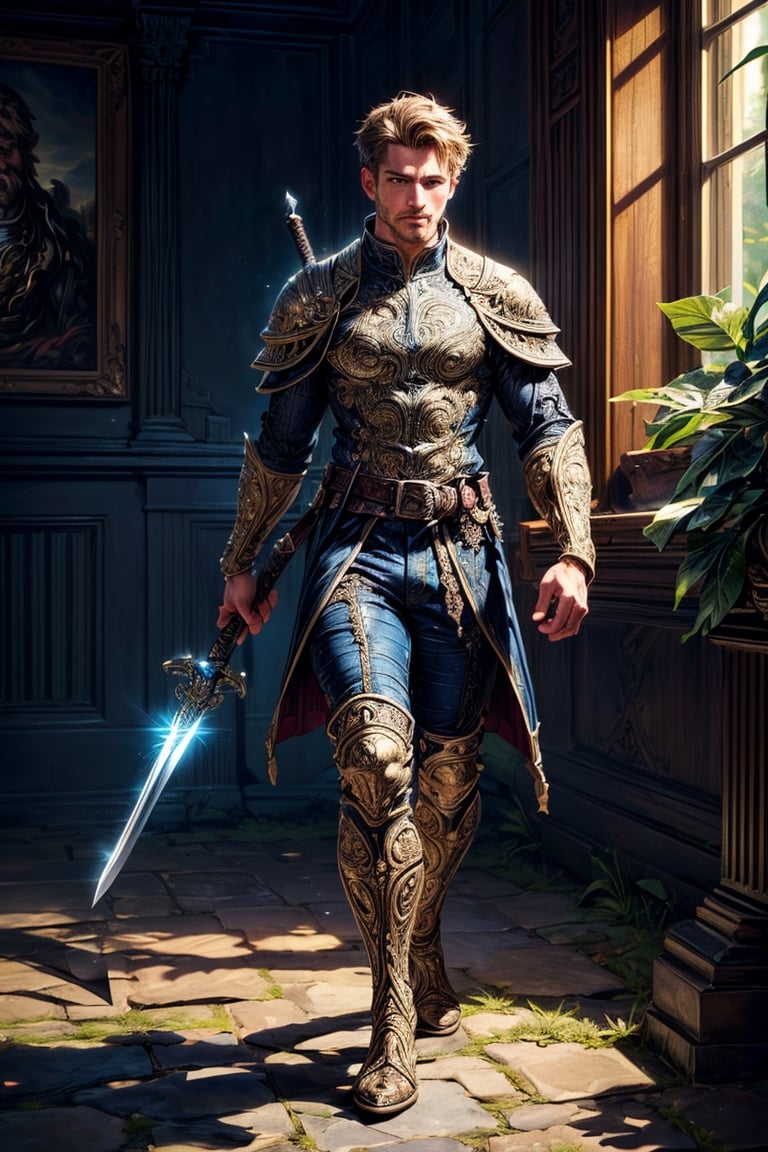 high details, best quality, 8k, [ultra detailed], masterpiece, best quality, (extremely detailed), ultra wide shot, fantasy art, dnd art, rpg art, realistic art, an man (intricate details, Masterpiece, best quality: 1.6) young male Ranger holding a short sword in one hand and a tomahawk in the other, medium length brown hair with a light beard, full body, [[anatomically correct]] [full body] (intricate details, Masterpiece, best quality: 1.5), (intricate details, Masterpiece, best quality: 1.6), holding an [epic magical sword] (intricate details, Masterpiece, best quality: 1.5) holding [magical sword glowing in blue light] (intricate details, Masterpiece, best quality: 1.5) . in fantasy forest (intricate details, Masterpiece, best quality: 1.5), a male human (intricate details, Masterpiece, best quality: 1.5), wearing leather armor (intricate details, Masterpiece, best quality: 1.5) , leather boots, ultra detailed face (intricate details, Masterpiece, best quality: 1.5) , thick hair, dynamic hair, fair skin intense eyes, fantasy forest (intense details), sun light, backlight, depth of field (intricate details, Masterpiece, best quality: 1.5), wayne reynolds art style