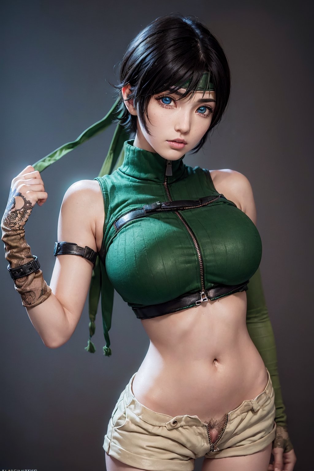 yuffiekisaragi, , (((yuffie kisaragi))), (black hair: 1.5), (brown eyes: 1.7), short hair, pixie cut, (((big boobs))),  (((BREAK green crop top))), ((((open zipper))),  (((big pubic hair))), (((open fly))), (((zíper aberto, pelos pubianos femininos))) fingerless gloves, fishnet tights, forehead protector, gloves, bandana, navel, short shorts, shorts, single sleeve, single top, sleeveless, sleeveless turtleneck, high top, turtleneck,BREAK cowboy photo, looking at the viewer,BREAK, (masterpiece :1.2), best quality, high resolution, Unity 8k wallpaper, (illustration: 0.8), (beautiful detailed eyes: 1.6), extremely detailed face, perfect lighting, extremely detailed CG, (perfect hands, anatomy perfect), (((BIG BOOBS))), (((in the field))), (((open zipper, female pubic hair)))