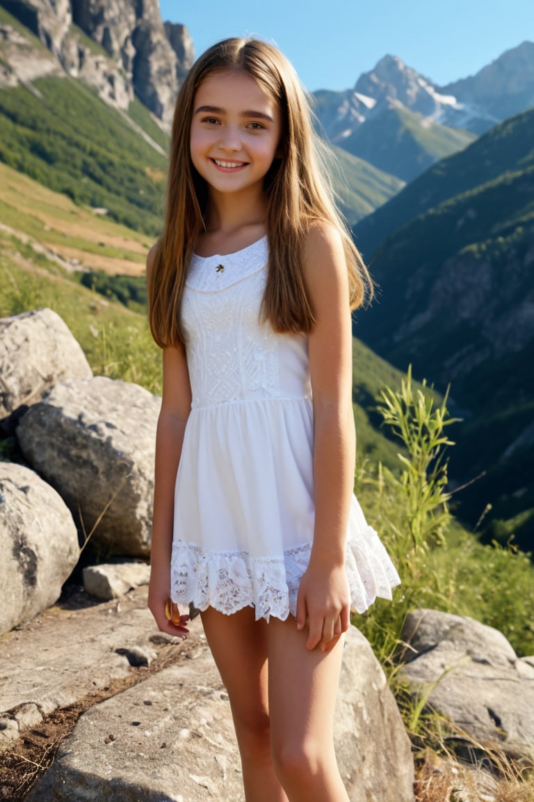 AIDA_LoRA_HanF ((beautiful cute smiling young preteen 16yo girl)) (((16yo))), (((NONUDE ))), (((Full body)))  with dark blonde hair, masterpiece,(intricate details) highly detailed, vibrant, production film, ultra high quality, photography style, Extremely Realistic, (((Dramatic light))), mountain scenery, outdoor, daylight, Masterpiece,photorealistic,base model,photography,detailed face features,source_real,