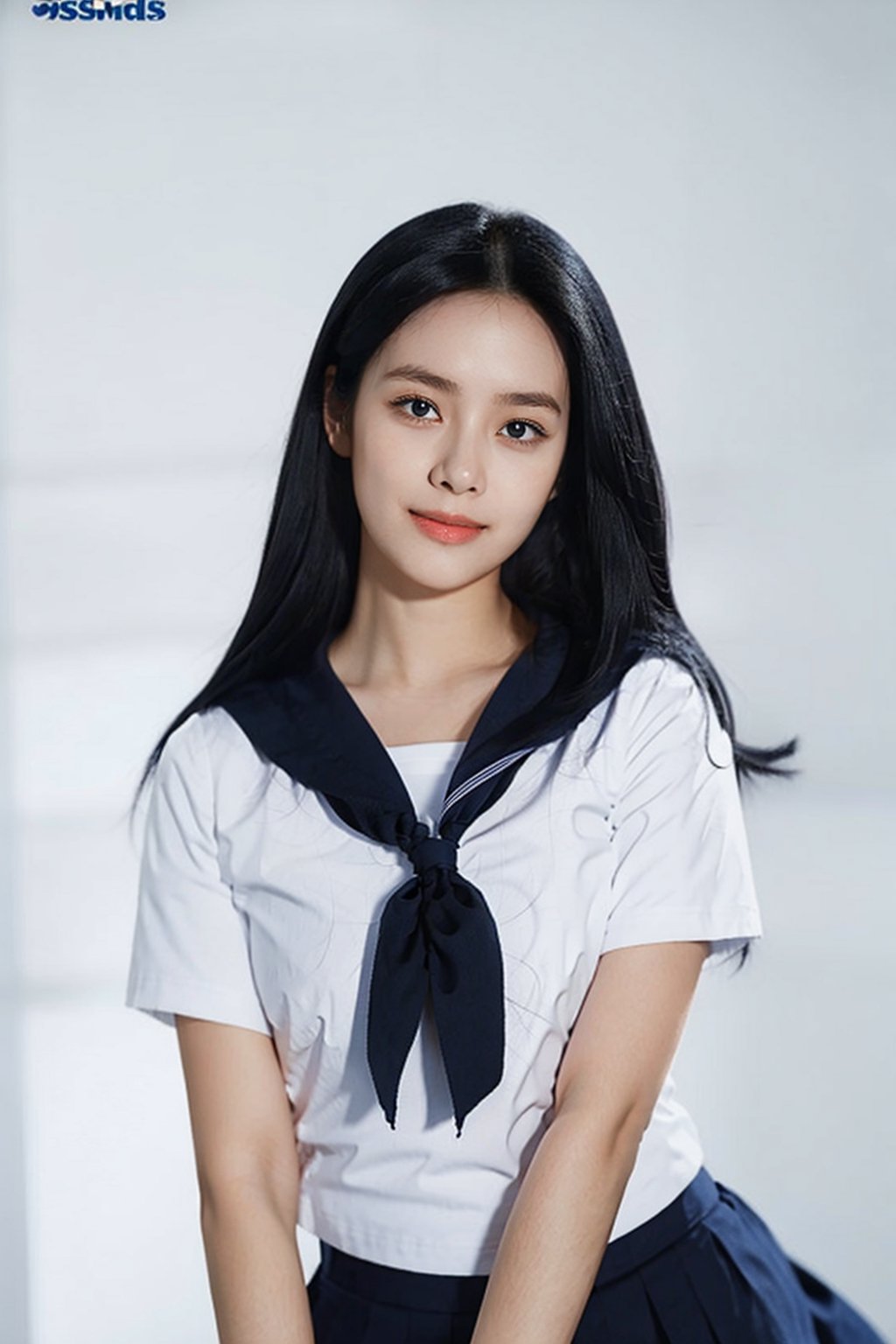 1girl,  18 years old,  (close-up photograph:1.5),  (extremely detailed face),  ((looking straight)),  symmetrical frame,  ((symmetrical pose:1.5)),   ,  looking_at_viewer,  (black hair),  (studio lighting ),  (white and blue sailor uniform,  short sleeve,  tight),  (white plain background:1.2),  (((( no make up))),  smile shyly , ,  , i,aoayunalorashy,1 girl