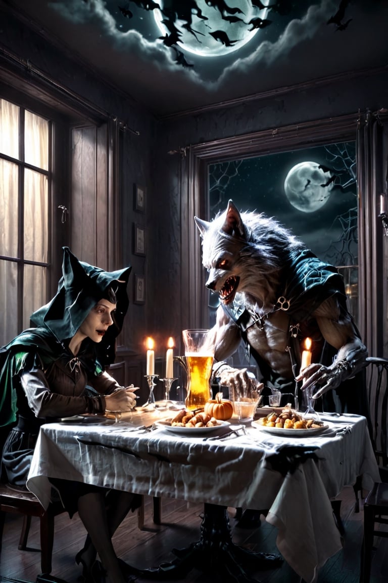 1 werewolf, 1 beautiful witch, dining together in a restaurant, beer on the table, halloween image, cinematic, dimly lit, at night, high definition, highly detailed, masterpiece