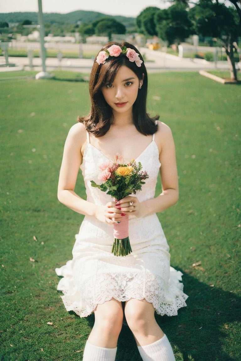 1girl, solo, brown hair, dress, holding, sitting, flower, hairband, parted lips, socks, white flower, pink flower, bouquet, holding bouquet,BaccaratV2,dream_girl,film_grain