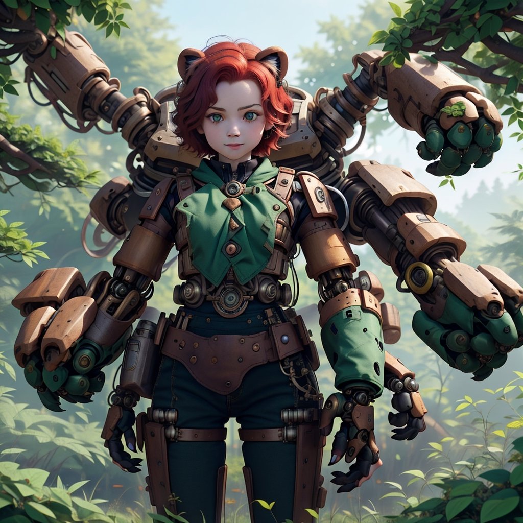 a young child, with red hair, green eyes and mechanical arms, in a forest with steampunk lions