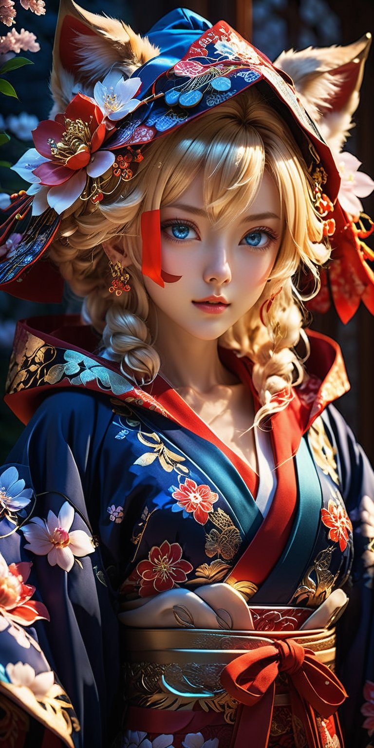 Kyoto Animation stylized anime, a sensual woman with blonde hair, and blue eyes, with detailed ornate fur hooded kimono, red hooded kimono, miniskirt, fantasypunk. Cinematic lighting, ethereal light, intricate details, extremely detailed, incredible details, full colored, complex details, insanely detailed and intricate, hyper maximalist, extremely detailed with rich colors. masterpiece, best quality, HDR, UHD, unreal engine. Representative, fair skin, rich in details High quality, gorgeous, 8k, super detail, gorgeous light and shadow, detailed decoration, detailed lines,glitter