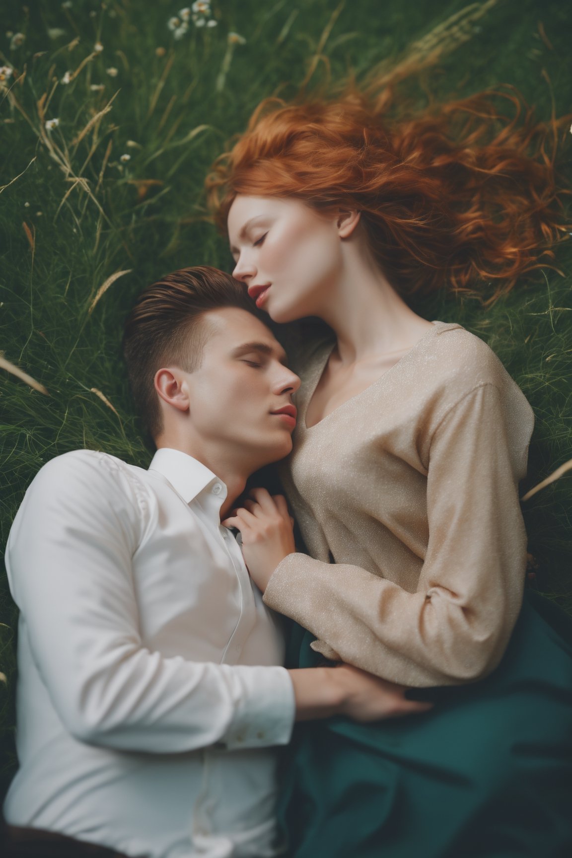 cinematic photo Hyperrealistic art a couple laying in the grass together, by Relja Penezic, portrait featured on unsplash, professional wedding photography, by Eszter Mattioni, by Nadya Rusheva, inspired by Oleg Oprisco, by Oszkar Tordai Schilling, by George Papazov, by Anna Hotchkis, by Daryush Shokof . 35mm photograph, film, bokeh, professional, 4k, highly detailed