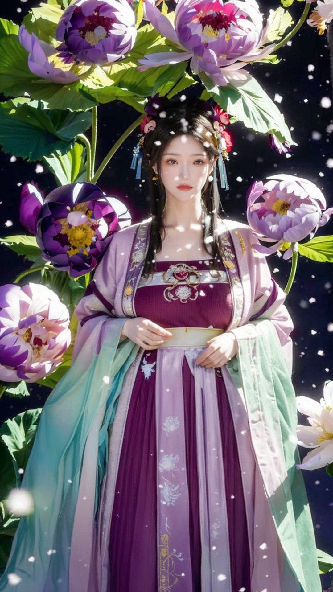 hanfu, Best Quality, masterpiece, (Snowing:1.5),1 girl, (long hair:1.2),  (big breasts:1.69),(Upper body photo:1.3),hanfu,18-year-old , exquisite , extreme face,creamy skin, fair skin,realistic skin details, (super-detail) , long hair, (big breasts:1.59),1girl,long skirt,long sleeves,(Peony flowers, plum blossoms:1.5),(flower:1.3,tangdynastyhanfu, hanfu2,myhanfu, chang,Sit on the steps, hands on hips