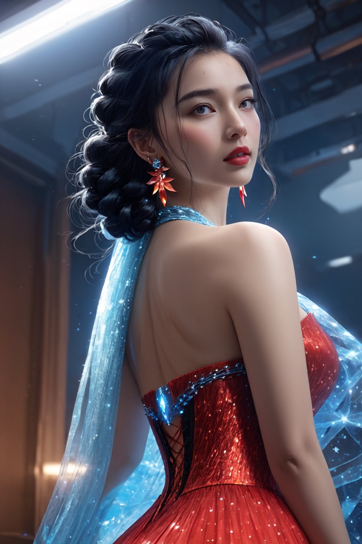 (masterpiece, best quality:1.3), (detailed manga illustration:1.2), dynamic cinematic view, chiaroscuro, 1girl, long hair, looking at viewer, blue eyes, black hair, cleavage, bare shoulders, jewelry, big breasts, closed mouth, from below head,collarbone, upper body, earrings, solo focus, indoors, necklace, single braid, makeup, depth of field, red dress, strapless dress, hair over shoulder, light particles, shawl, red lips