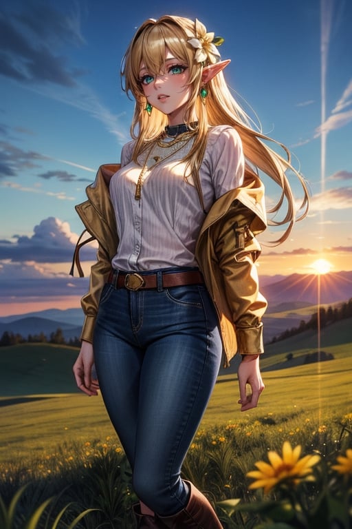 best_quality,masterpiece,1girl,elves,blond_long_hair,hair_flower,green_eyes,blue_and_white_shirt,black_jeans,tall_boots,golden_earrings,golden_necklace,sunset,the_top_of_the_hill,in_a_meadow