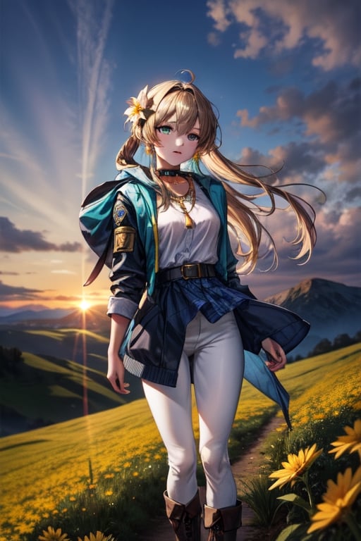 best_quality,masterpiece,1girl,elves,blond_long_hair,green_eyes,sideways_glance,boots,blue_long_shirt,white_vest,(black_high_waist_pants:1.2),golden_earrings,golden_necklace,hair_flower,sunset,the_top_of_the_hill,in_a_meadow,