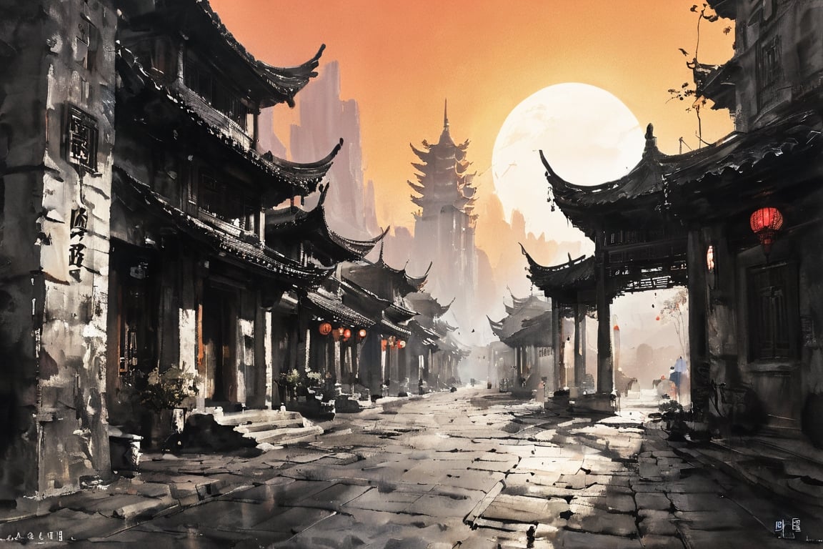 Closeup Artwork of a futuristic fantasy town, epic sunrise, epic lights, Chinese, oriental,