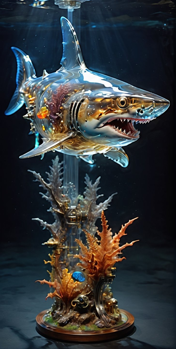 ((Masterpiece)), ((Best Quality)), 8k, High Detail, Super Detail, (Sophisticated Stealth), ((Mechanical Shark: 1.5)), Abundant Marine Life, (Coral Reef), (Deep Sea: 1.5 ), (mechanical part: 1.3), skeleton body, (transparent: 1.5), c1bo,