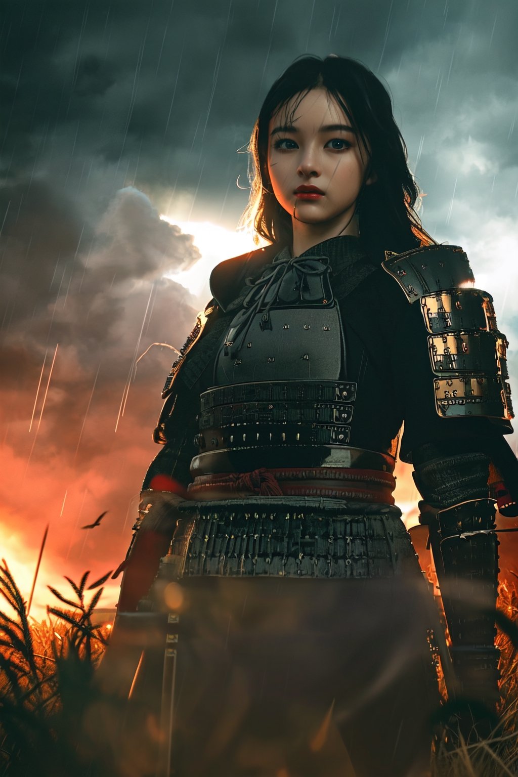 (Surrealistic), Surrealistic Illustration, Sienna Natural Ratio, (Best Quality: 1.3), Unreal Engine 5:1, 16k, Sharp Focus, Octane Rendering, Cinematic Lighting, HDR10, Portrait, Cowboy Shot , 1girl, dramatic lighting, female warlord on the battlefield, ((field)), , ((samurai armor)), sunset, golden hour, cloudy , wide field, dark, facing forward, cinematic Detailed skin, brown eyes, brown skin, (before battle), particles, portrait, from below, mist, shallow depth of field), purgatory, neck, tight mini dress, beautiful face, cool atmosphere, masterpiece , Thigh Latex Dress, Latex Uniform, Epic, Dynamic Pose, Tense Atmosphere, IMGFIX, Movie Aesthetics, Action Shot, (Wilderness Battlefield), ((Rain Clouds, Thunder, Strong Wind, Smoke,)),Nature