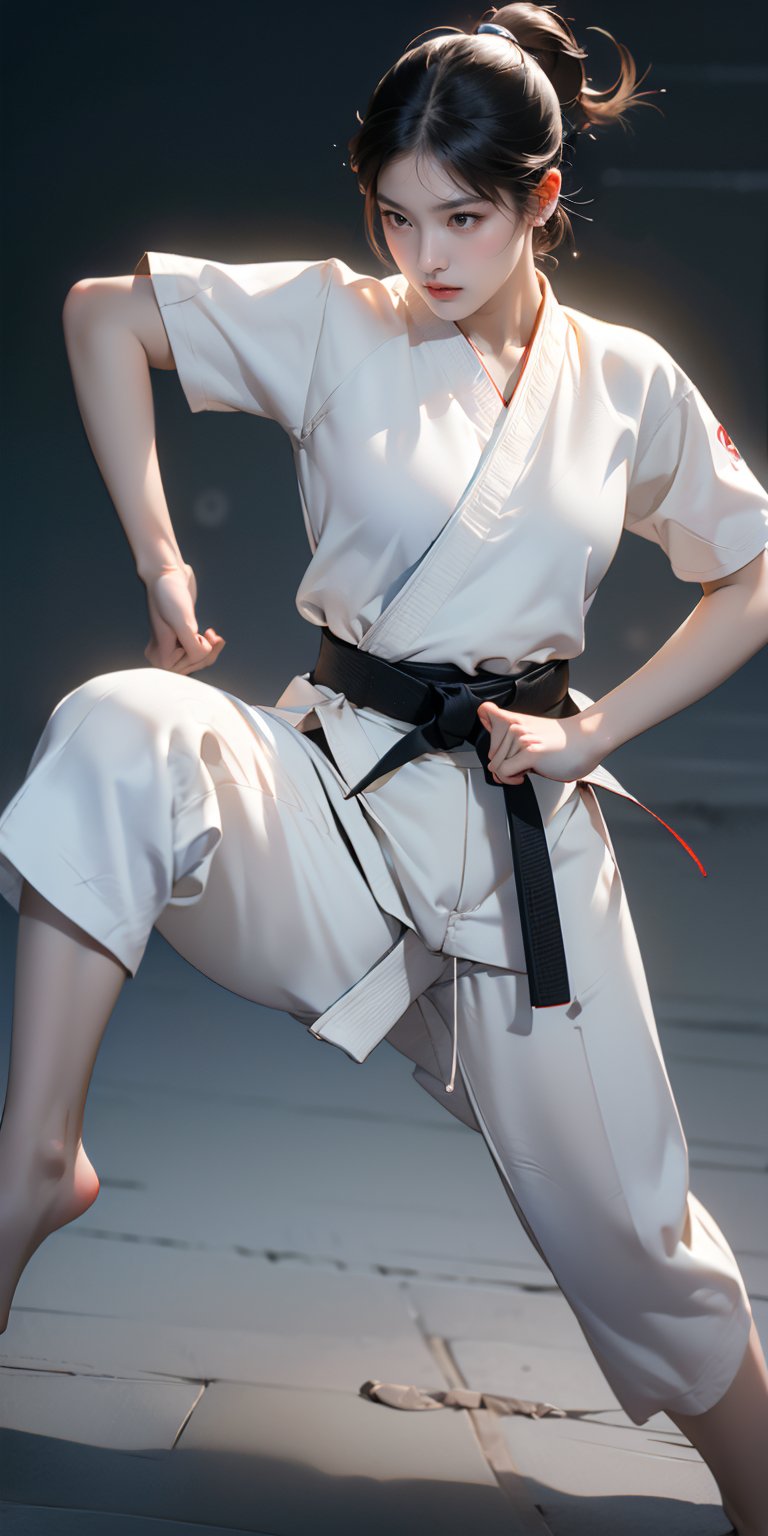 (highest quality, 8K, 32K, masterpiece, UHD:1.2), cute japanese woman photo, (photorealistic:1.2), (sharp focus), 1girl, female fighter, (girl doing karate in karate costume), cowboy shot, uneven skin, real skin, karate costume, black belt, barefoot, tall ponytail, black hair, beautiful face, detailed and perfect face, perfect proportions, huge breasts, cleavage, no bra, thin waist, wide hips, ((karate dynamic pose:1.5)), ((karate powerful dynamic pose:1.5)), (dynamic angle:1.3), ((tense air, tension,)), wide karate dojo,