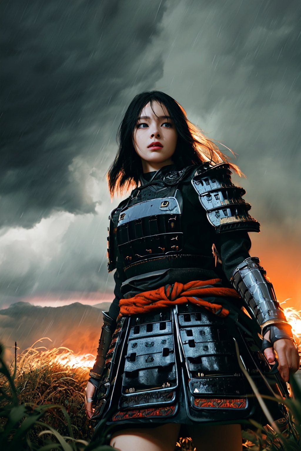 (Surrealistic), Surrealistic Illustration, Sienna Natural Ratio, (Best Quality: 1.3), Unreal Engine 5:1, 16k, Sharp Focus, Octane Rendering, Cinematic Lighting, HDR10, Portrait, Cowboy Shot , 1girl, dramatic lighting, female warlord on the battlefield, ((field)), , ((samurai armor)), sunset, golden hour, cloudy , wide field, dark, facing forward, cinematic Detailed skin, brown eyes, brown skin, (before battle), particles, portrait, from below, mist, shallow depth of field), purgatory, neck, tight mini dress, beautiful face, cool atmosphere, masterpiece , Thigh Latex Dress, Latex Uniform, Epic, Dynamic Pose, Tense Atmosphere, IMGFIX, Movie Aesthetics, Action Shot, (Wilderness Battlefield), ((Rain Clouds, Thunder, Strong Wind, Smoke,)),Nature