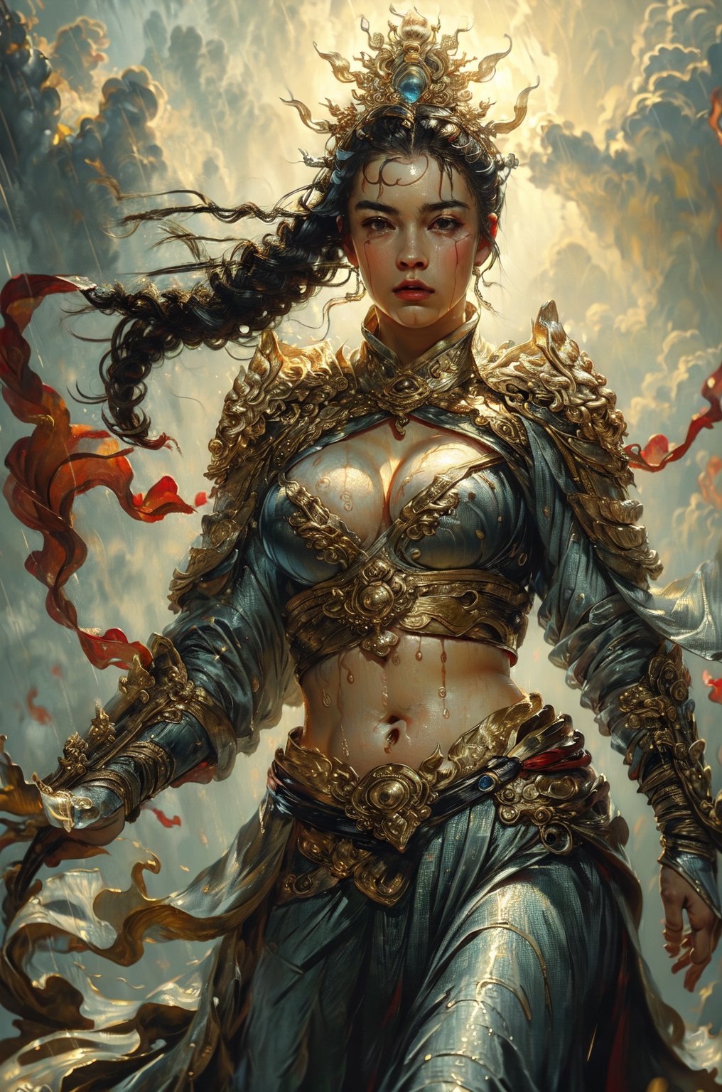 (Top quality, 4k, Masterpiece:1.3), (Photorealistic:1.2), Sharp focus, One girl, Cowboy shot, (Front facing), Beautiful woman, Super realistic, Woman standing on a cliff during a storm Warrior, (big breasts, attractive body:1.2), abs, bewitching, sexy, erotic, beautiful face, detailed face, perfect proportions, huge breasts, thin waist, navel, big butt, gap between the legs, thighs, Dark brown hair, (wet in the rain), (wet in the rain), (wet body:1.2), super detailed face, detailed lips, detailed eyes, double eyelids, wearing sensual armor, open Cleavage, sagging breasts, visible curves, on a cliff on a cape, storm, rain, wind, gusts, wet body, (depth field:1.3), (((blur))),Breasts ,Nipples ,xuer Ancient Chinese armor,renaissance