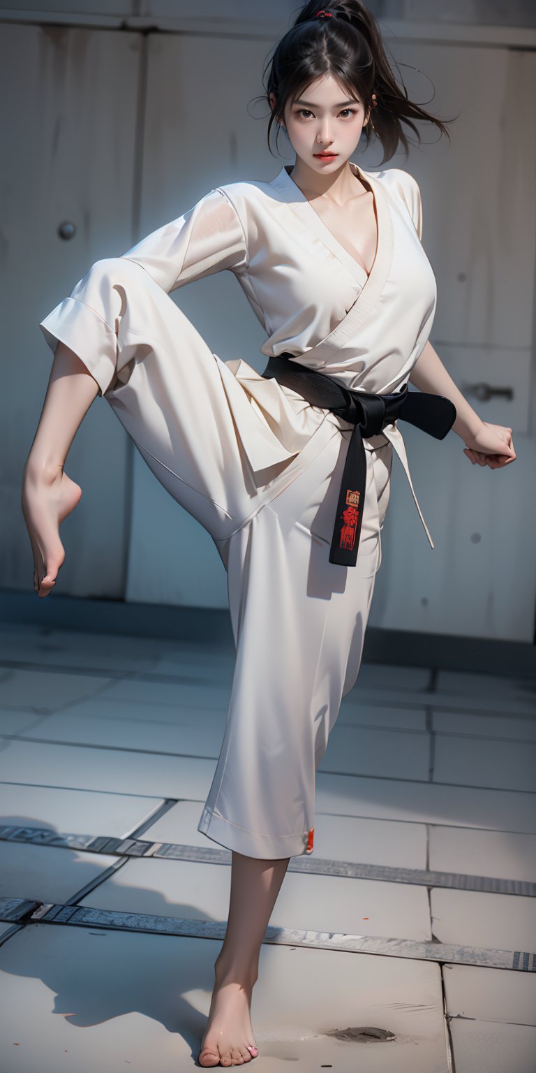 (highest quality, 8K, 32K, masterpiece, UHD:1.2), cute japanese woman photo, (photorealistic:1.2), (sharp focus), 1girl, female fighter, (girl doing karate in karate costume), cowboy shot, uneven skin, real skin, karate costume, black belt, barefoot, tall ponytail, black hair, beautiful face, detailed and perfect face, perfect proportions, huge breasts, cleavage, no bra, thin waist, wide hips, (karate dynamic pose:1.5), (dynamic angle:1.3), ((tense air, tension,)), wide karate dojo,