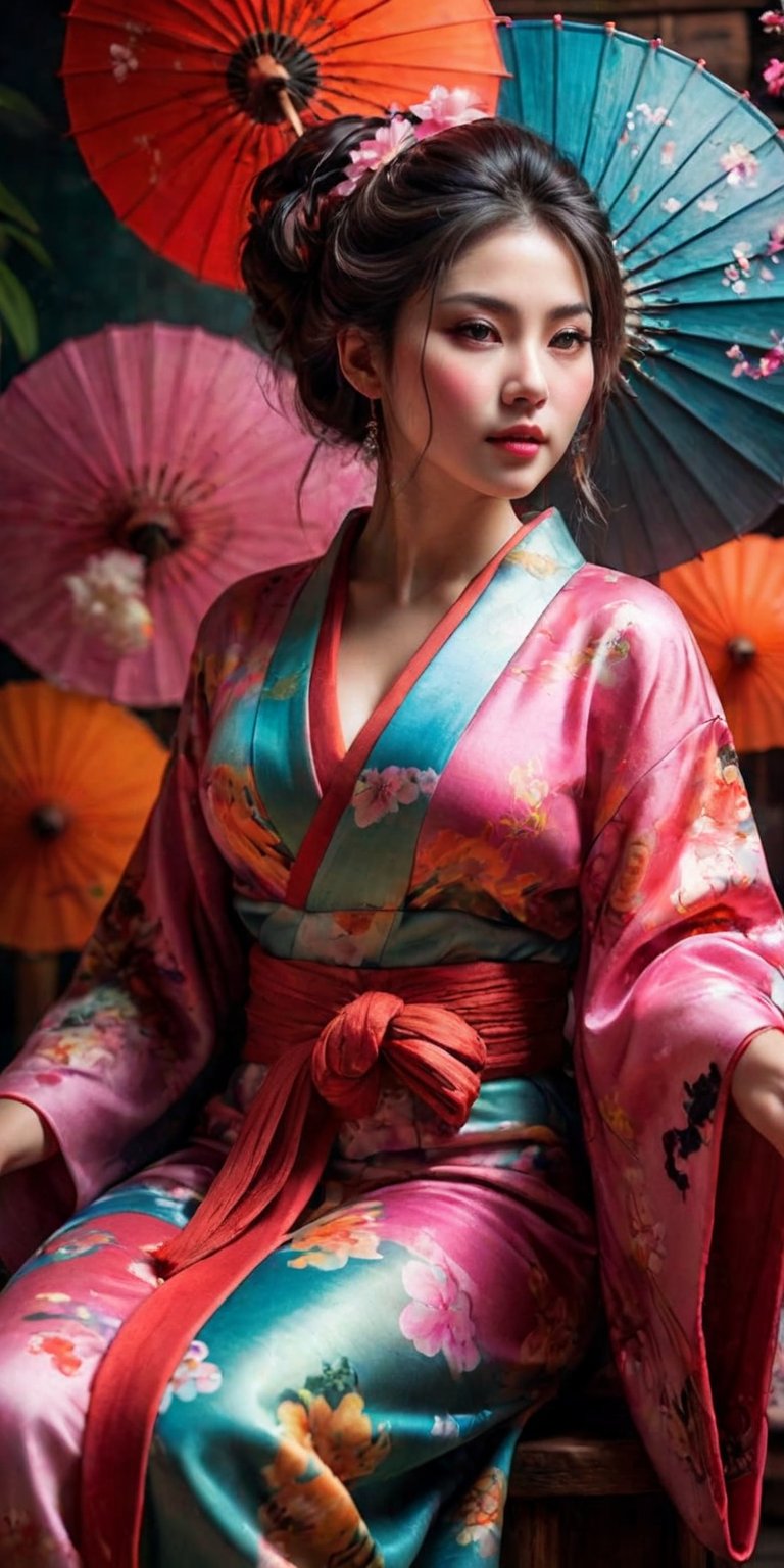 High quality, realistic, highly detailed CG unified 8k wallpaper, very detailed, high definition raw color photo, (photorealistic:1.5), beautiful young girl, super beautiful detailed face, bewitching, sexy, erotic, (fine face:1.2), cowboy shot, kimono made of seven colors of cotton candy, fluffy vibrant colored kimono, pink, blue, green, yellow, purple, orange, red color blending seamlessly from one color to the next, beautiful detailed woman, (slightly open mouth, sexy look), (beautiful breasts), (whole body slender:1.2), sitting sideways, sitting in beautiful sitting position, beautiful curves, (no bra:1.5), cleavage, shoulders bare, (super stylish kimono:1.5), (expensive kimono:1.5), (red kimono), voluptuous mature woman, bewitching, super stylish lighting, color splash, colorful,