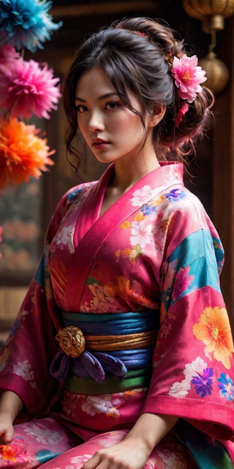 High quality, realistic, highly detailed CG unified 8k wallpaper, very detailed, high definition raw color photo, (photorealistic:1.5), beautiful young girl, super beautiful detailed face, bewitching, sexy, erotic, (fine face:1.2), cowboy shot, kimono made of seven colors of cotton candy, fluffy vibrant colored kimono, pink, blue, green, yellow, purple, orange, red color blending seamlessly from one color to the next, beautiful detailed woman, (slightly open mouth, sexy look), (beautiful breasts), (whole body slim:1.2), sitting sideways, sitting in beautiful sitting position, beautiful curves, (no bra:1.5), exposed cleavage, bare shoulders, (super stylish kimono:1.5), (expensive kimono:1.5), (red kimono), voluptuous mature woman, bewitching, super stylish lighting, color splash, colorful,