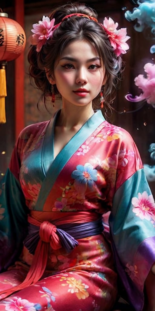 High quality, realistic, highly detailed CG unified 8k wallpaper, very detailed, high definition raw color photo, (photorealistic:1.5), beautiful young girl, super beautiful detailed face, bewitching, sexy, erotic, (fine face:1.2), cowboy shot, kimono made of seven colors of cotton candy, fluffy vibrant colored kimono, pink, blue, green, yellow, purple, orange, red color blending seamlessly from one color to the next, beautiful detailed woman, (slightly open mouth, sexy look), (beautiful breasts), (whole body slender:1.2), sitting sideways, sitting in beautiful sitting position, beautiful curves, (no bra:1.5), cleavage, shoulders bare, (super stylish kimono:1.5), (expensive kimono:1.5), (red kimono), voluptuous mature woman, bewitching, super stylish lighting, color splash, colorful,
