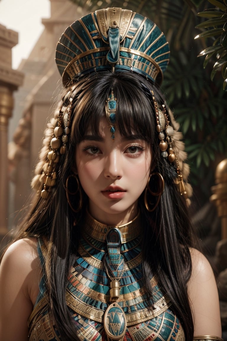 Best quality, Masterpiece, Ultra High Resolution, (Fidelity:1.2), (Realistic:1.3), 1woman, mature Egyptian woman, green eyes, black hair flaps, portrait, solo, upper body, looking at viewer, detailed background, detailed face, ancient Egyptian theme, modern Egyptian clothing, obsidian, defensive stance, stone knife, bushes, poisonous plants, rocks,  humid climate, darkness, cinematic atmosphere,
dark chamber, dim light (zentangle, mandala, tangle, entangle), (golden and green tone:0.5)
(35mmstyle:1.1), front, masterpiece, 2020s film, cinematic lighting, photo-realistic, high frequency details, 35mm film, (film grain), film noise,Shiny_skin,egyptian style