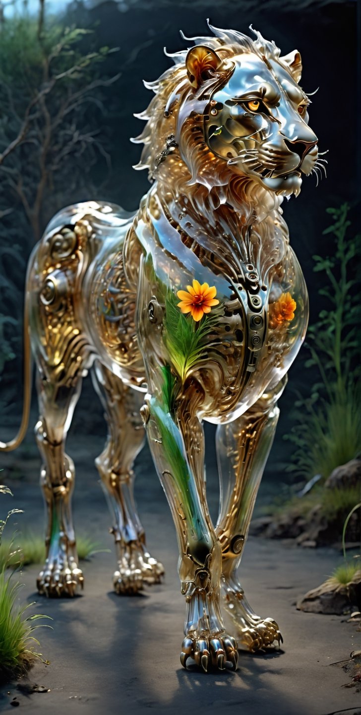 ((Masterpiece)), ((Best Quality)), 8k, High Detail, Super Detail, (Sophisticated Stealth), ((Mechanical Lion: 1.5)), Accurate Anatomy, Rich Plants, (Grassland Creatures ), (grassland: 1.5), (mechanical part: 1.3), skeleton body, (transparent: 1.5), c1bo,