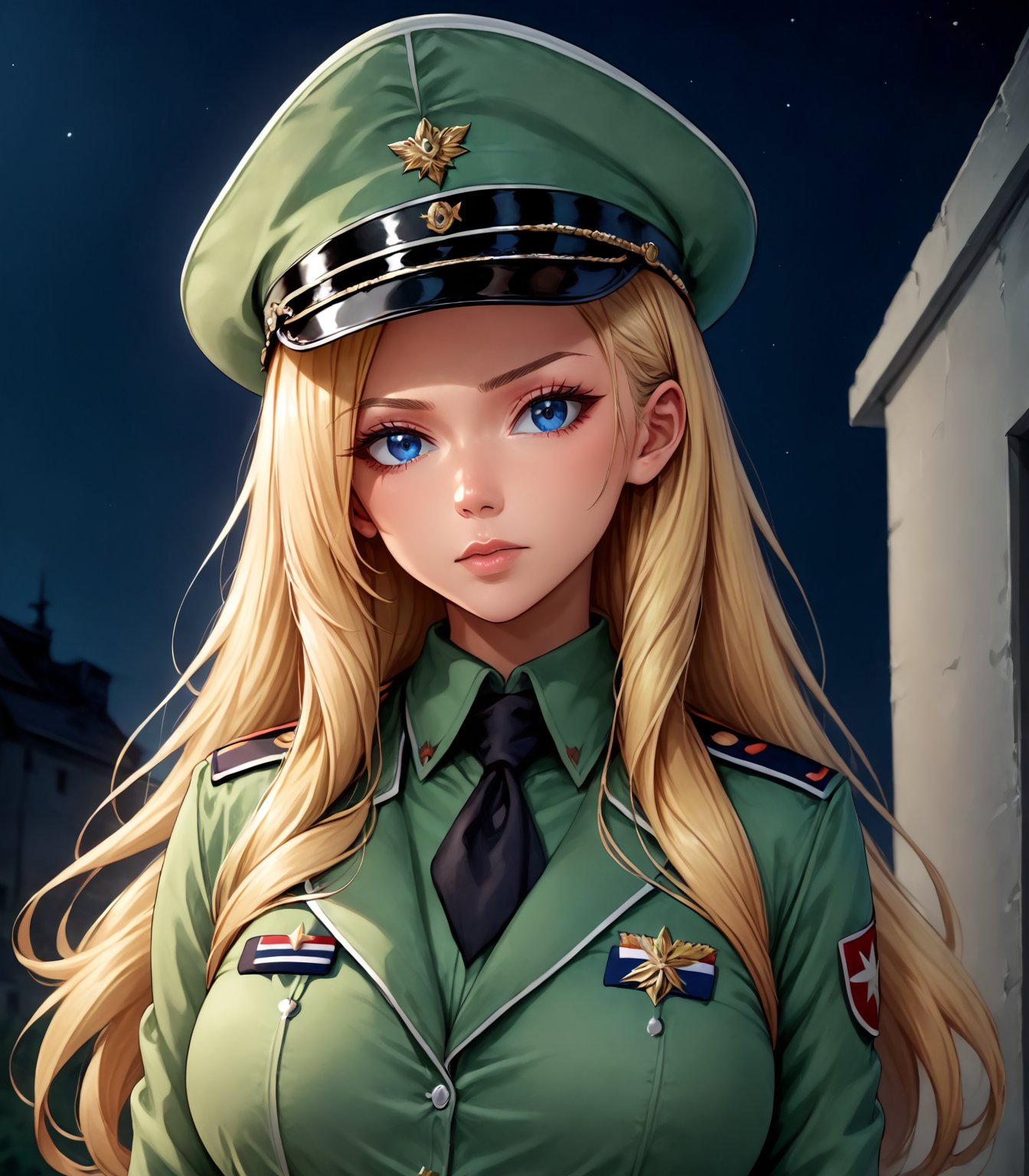  fagon viendra, 1girl, long hair, looking at viewer, blue eyes, shirt, blonde hair, white background, hat, closed mouth, upper body, collared shirt, uniform, lips, military, simple military uniform, peaked cap, green shirt, military hat, outdoor, night, face_scarf