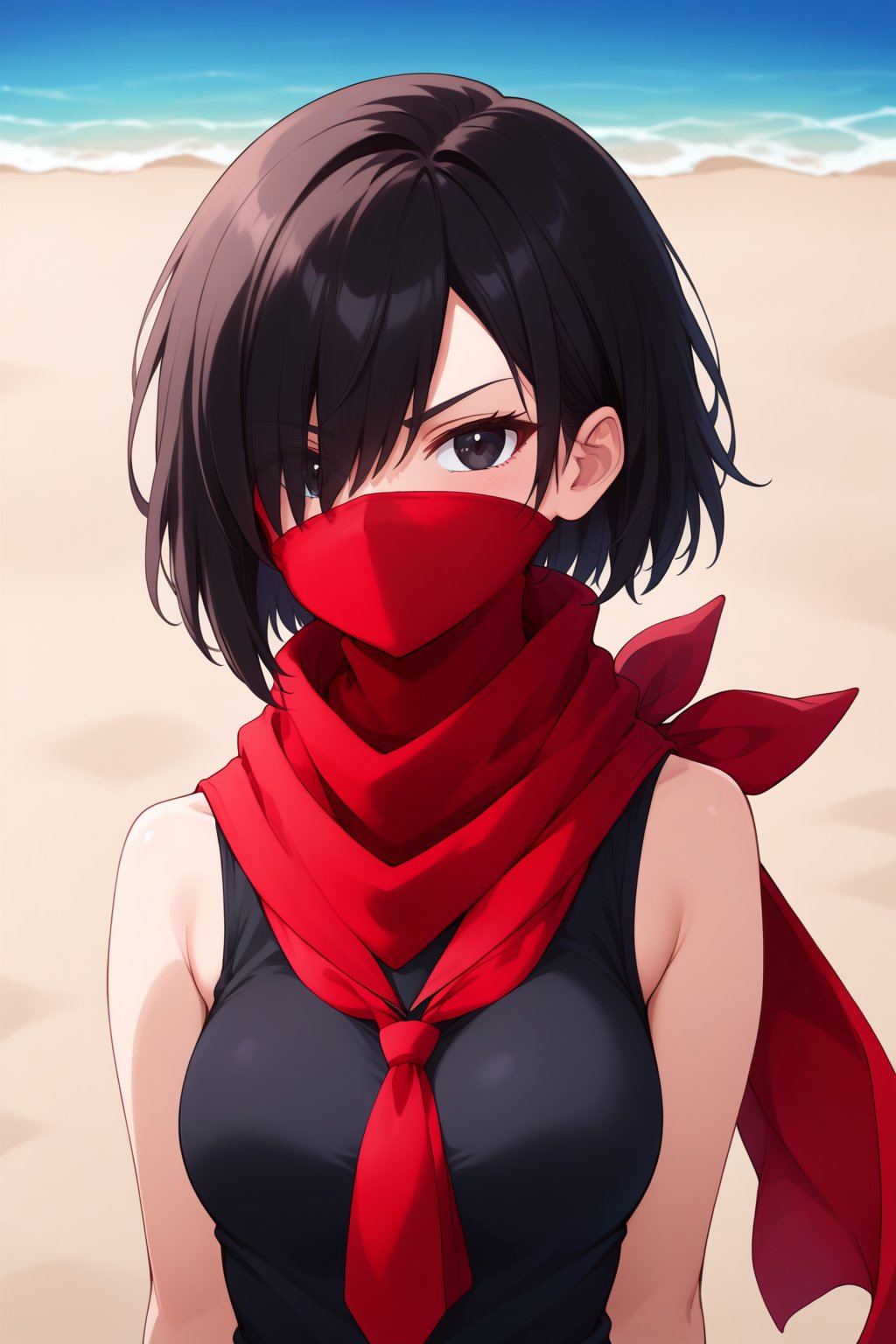 1 girl, twenty-five-year-old, straight eyebrows, small half black eyes, medium nose, medium lips, light lips color, medium eyes, black hair, bob hair over one eye, light skin, medium breast, glare:0.1, red neckerchief, (27-24),face_scarf, red face scarf, covered mouth, beach