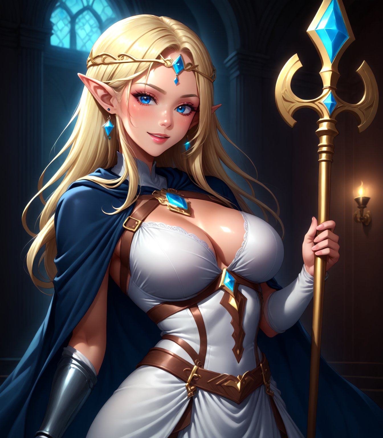  fagon viendra, Mysterious Elf Maiden - A sultry pinup-inspired artwork depicts a striking blonde-elf woman solo, indoors, with long hair cascading down her back, framing her enigmatic smile and piercing blue eyes that lock onto the viewer's gaze. She stands confidently in front of a dark, ornate backdrop, adorned in a flowing white dress with armor-like details, a hooded cape billowing behind her like mist. Her pointy ears and delicate earrings showcase her elven heritage. In one hand, she holds a staff, its intricate design glistening like the watermark on her circlet, adding mystique to this enchanting scene.