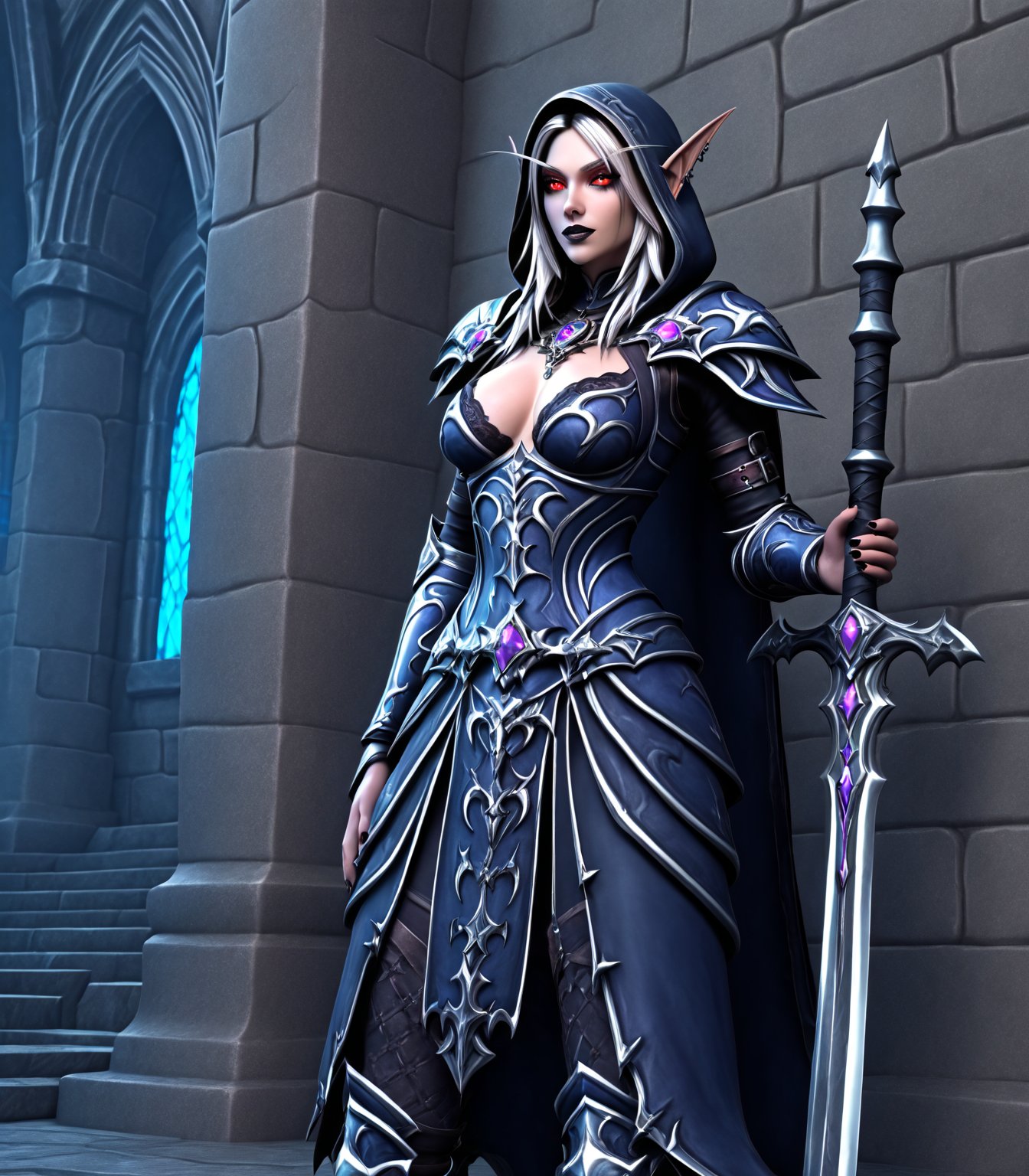  fagon viendra, a woman dressed in armor holding a sword, sylvanas windrunner, 2. 5 d cgi anime fantasy artwork, character design : : gothic, 3 d render of a full female body, pale pointed ears, male rogue, the empress’ hanging, unclad, leblanc, promotional images, 32K, fantasy art