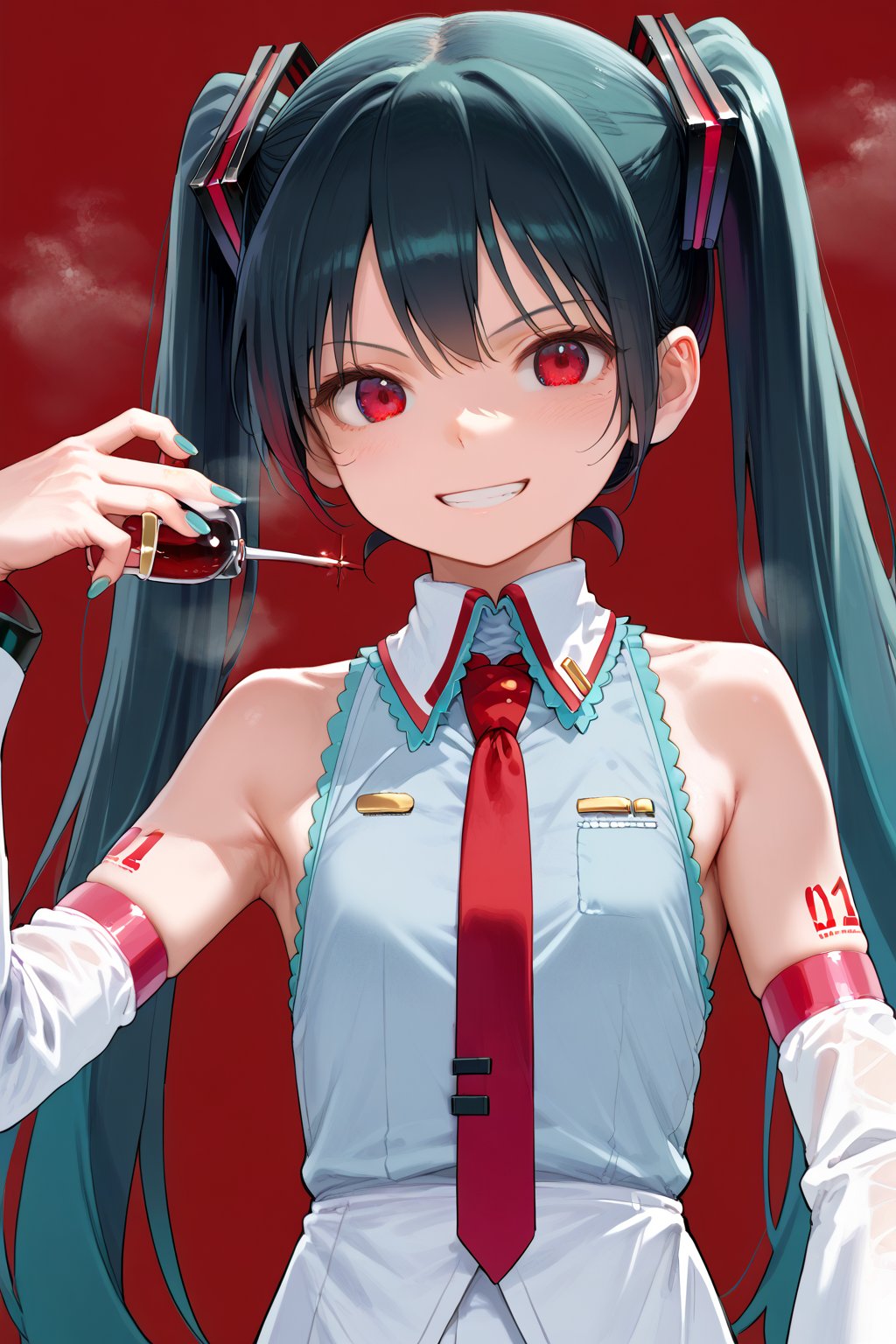 score_9, score_8_up, score_7_up, simple shading, 1girl, ,solo,(long black hair),twintails,necktie,detached sleeves,(black hair), squint red eyes,(simple dark black shirt), (wine red color background), hair ornament, white sleeves,sleeveless, arm up, smile,angry,beautiful hands,detailed hands,perfect hands,beautiful_female_fingers, holding knife, steaming body:1.4, hatsune miku:0.3