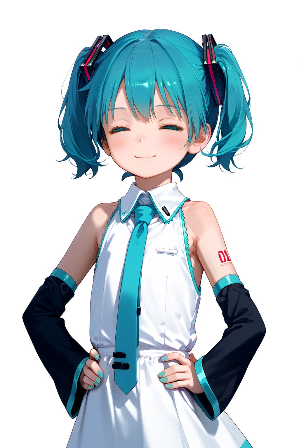 score_9, score_8_up, score_7_up, simple shading, 1girl, kid, hatsune miku,solo,short hair,twintails,necktie,detached sleeves,aqua hair, squint aqua eyes, white background,simple shirt,simple background,hair ornament,black sleeves, sleeveless, eyes closed:0.5, blush:0.5, beautiful hands,detailed hands,perfect hands,beautiful_female_fingers, smile, hands on her hips, fagon viendra