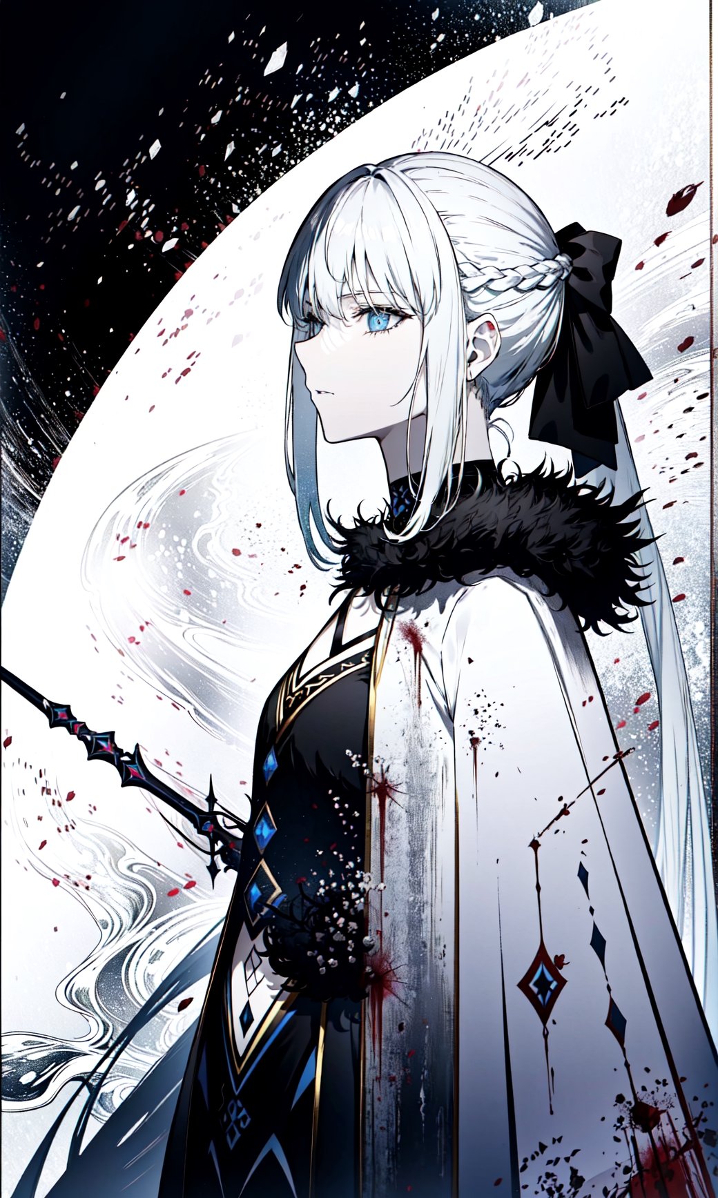 best quality, masterpiece, dark weapon, solo, looking at viewer, blood, holding dark weapon, serious, dark persona, floating hair, upper body, sidelocks,morgan le fay, silver hair ,grey hair
4k wallpaper ,grey hair,csm anime style, line anime