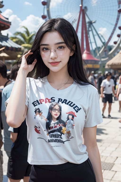 24-year-old Korean idol girl with black hair, habit of touching your hair, large amusement park, Cartoon character T-shirt, shorts,With a natural light face, upper body shot, smile, Big glasses,
hf_Alexandra_Nagy-20,Detailedface,m4d4m