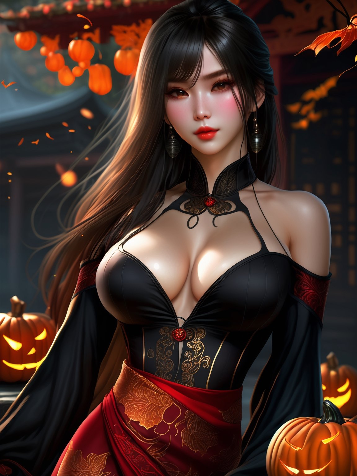 ((holloween black witcher clothes:1.2)),pelvic curtain, ((1 girl)), (solo),(big breasts:1.1),super high resolution,best quality,Photos,4k,(Realistic:1.2), sexy, bangs, standing, legs apart,confident,expressive eyes,long flowing hair,(grogeous red qipao dress with high slit:1.1),revealing neckline,(ample cleavage:1.2),slender waist,long legs,(thigh-high socks:1.3),((holloween background)), perfect body, perfect fingers,