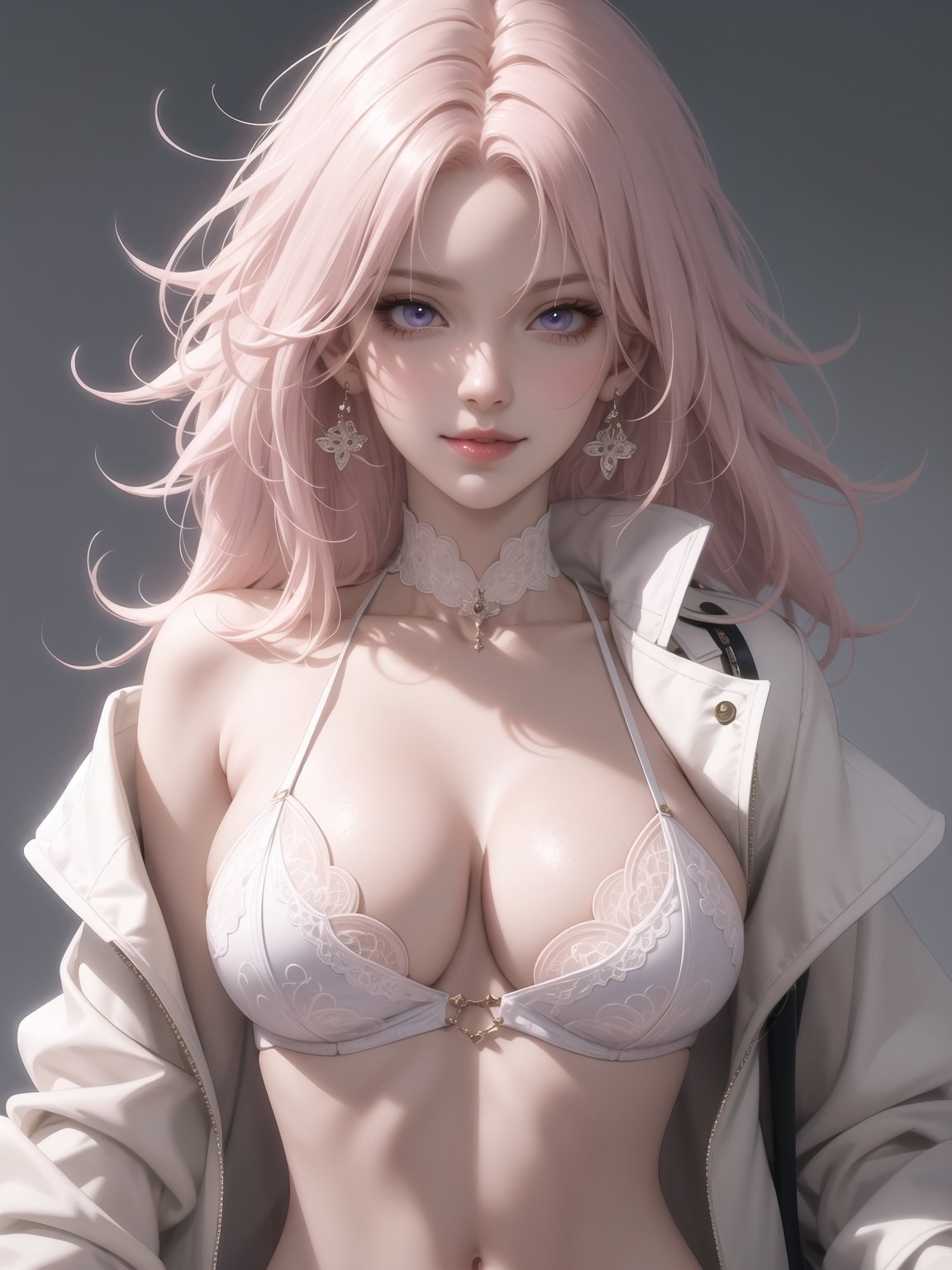 (masterpiece, best quality), intricate details, mature female, Light pink hair, white skin, light purple eyes, sharp jawline, cropped jacket, messy hair, lips, upper body, large breasts, close up, smirk
