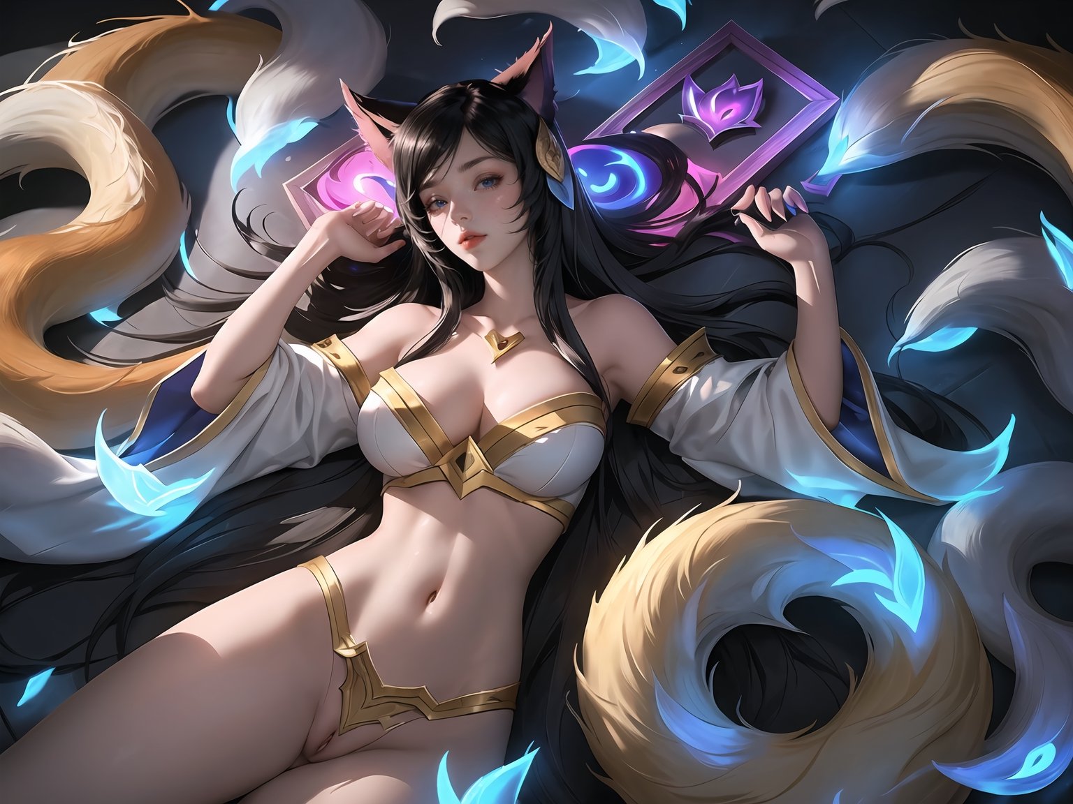 (league of legends,THE NINE-TAILED FOX ahri:1.5),cyberpunk, 18 years old, best quality, ultra-detailed, masterpiece, professional, finely detail, high res, 8k wallpaper, (masterpiece, extreme quality), ((perfect body,perfect face,perfect pussy)), ((1girl)), ((sleeping on white huge cat, pussy , softness fur)), (yellow perfect eyes), ahri,hourglass body shape