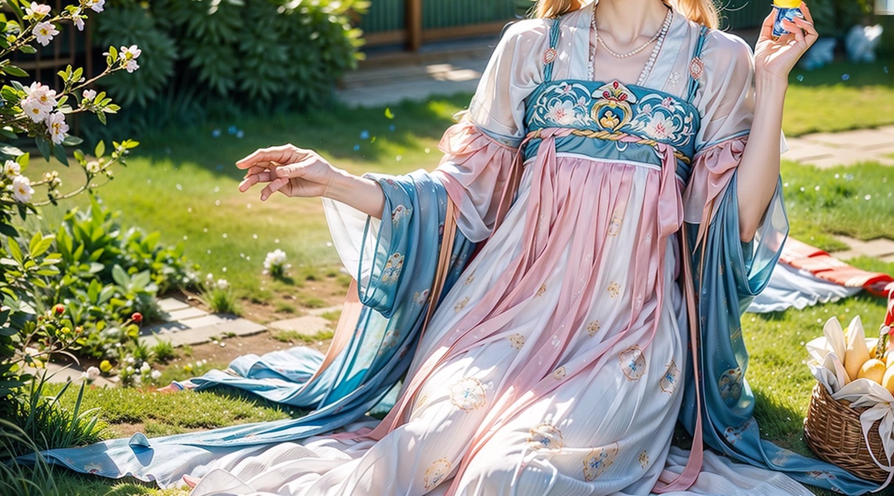 Summer Wallpaper, 1girl with long goldhair, ribbon, braid, hand on back, pale long dress, Grass, firm breast, Few Flowers, Big Clouds, Blue Sky, seaside, Hot Weather, HD Detail, Ultra Detail, Film, Hyper Realism, Soft Light, Deep Focus Bokeh, Ray Tracing, and Hyper Realism, birdview, necklace, earing, picnic, happy_face,hanfu