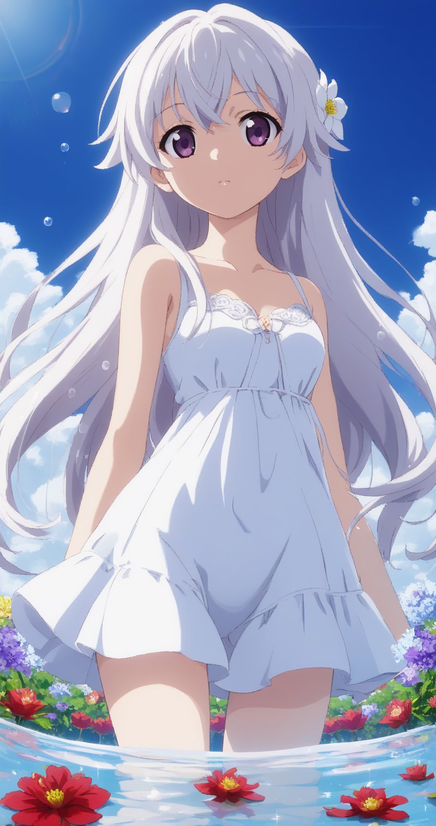 A makoto shinkai art, a girl, white long hair, flower, sky, with beautifull lanscape, water reflection.