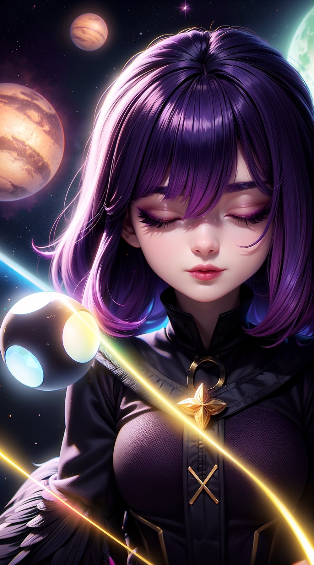 a fantasy illustration of a woman with a very deep look with the planets orbiting and stars shining on each side of her, 1girl, solo, closed eyes,/Tokoyami Towa/, purple hair, multicolored hair, more prism light background, sparking vibrant color,goth girl,gothic,makeup