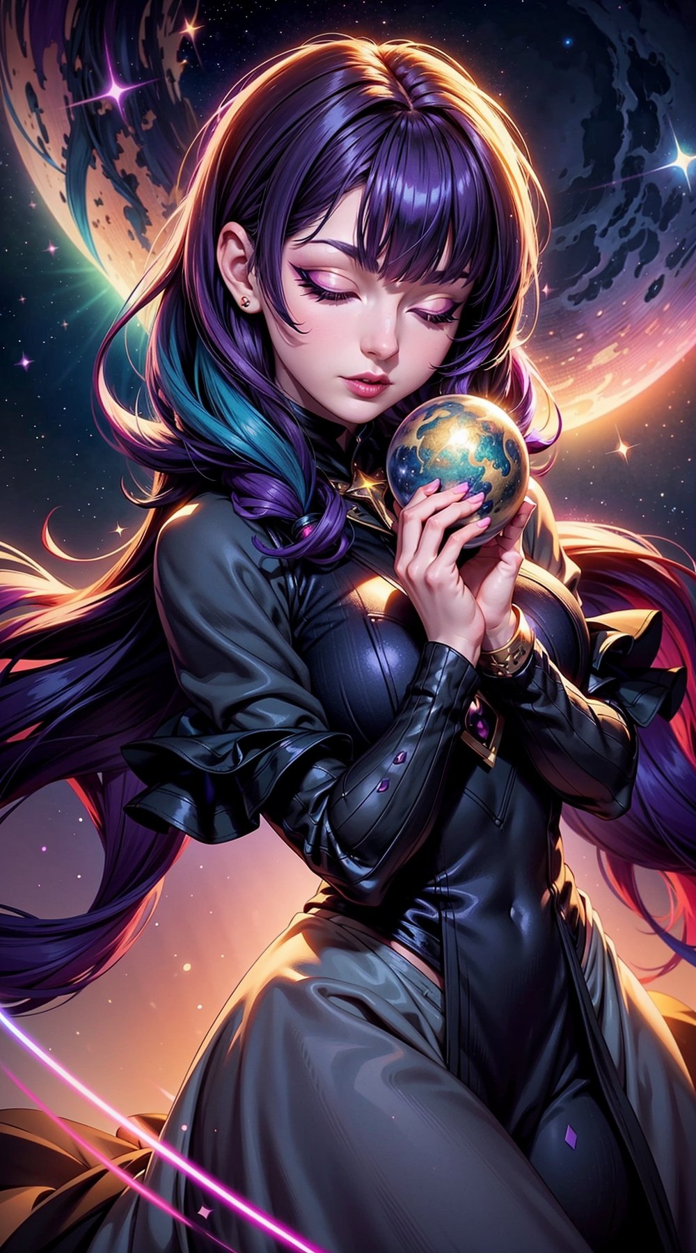 a fantasy illustration of a woman with a very deep look with the planets orbiting and stars shining on each side of her, 1girl, solo, closed eyes,/Tokoyami Towa/, purple hair, multicolored hair, more prism light background, sparking vibrant color,goth girl,gothic,makeup