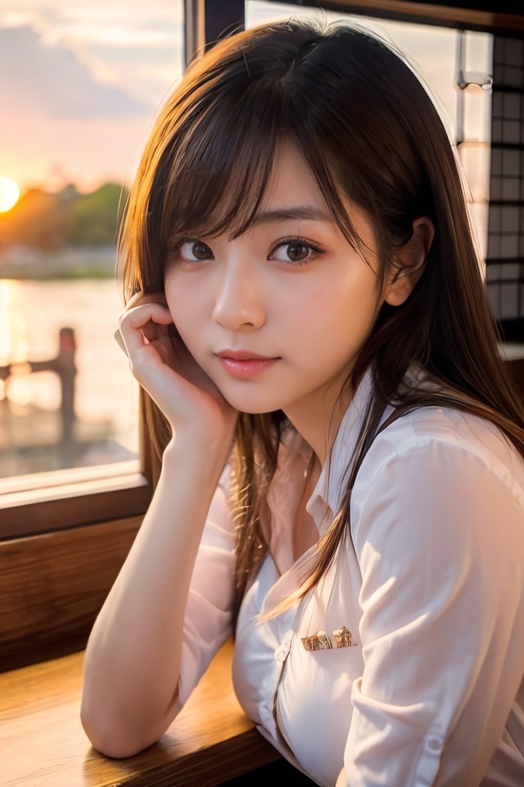 【プロンプト】

masterpiece, analog photo,RAW, bokeh, 
a girl sitting in the cafe, sunset , Break, Plump breast, office lady uniform, 
Light brown long hair, Light brown  eyes, Blushed face, (Japanese idle:1.5), Looking at the viewer, Break, Beautiful orange sky and clouds, close up,