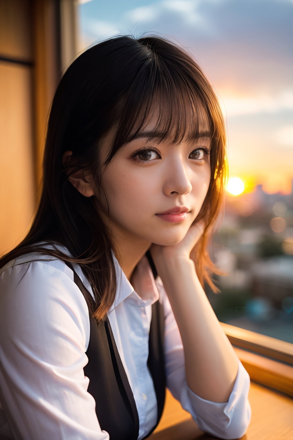 【プロンプト】

masterpiece, analog photo,RAW, bokeh, 
a girl sitting in the cafe, sunset , Break, Plump breast, office lady uniform, 
Light brown long hair, Light brown  eyes, Blushed face, (Japanese idle:1.5), Looking at the viewer, Break, Beautiful orange sky and clouds, close up,