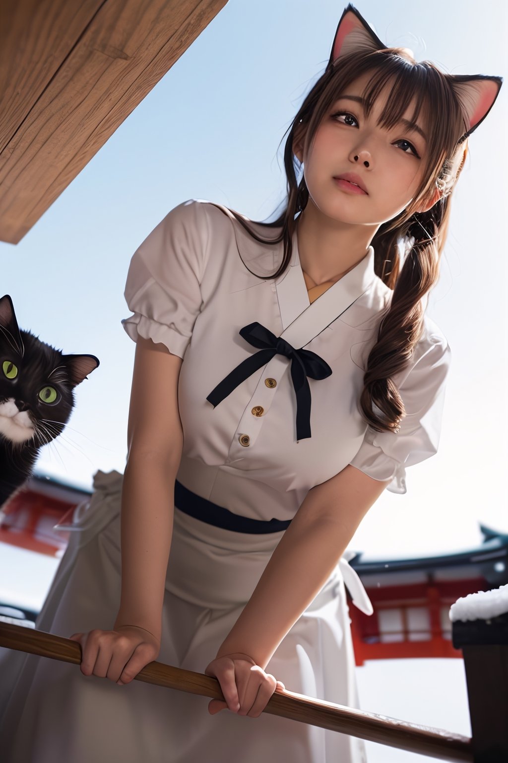 4K.HD. (Best Masterpiece, Best Quality, Best Quality) a girl, Light brown beautiful hair, Light brown eyes, Plump breast, Blushed face, cat ear, maid uniform , (Japanese idle:1.6), pretty cat, snow area, wet, (From below:1.5)