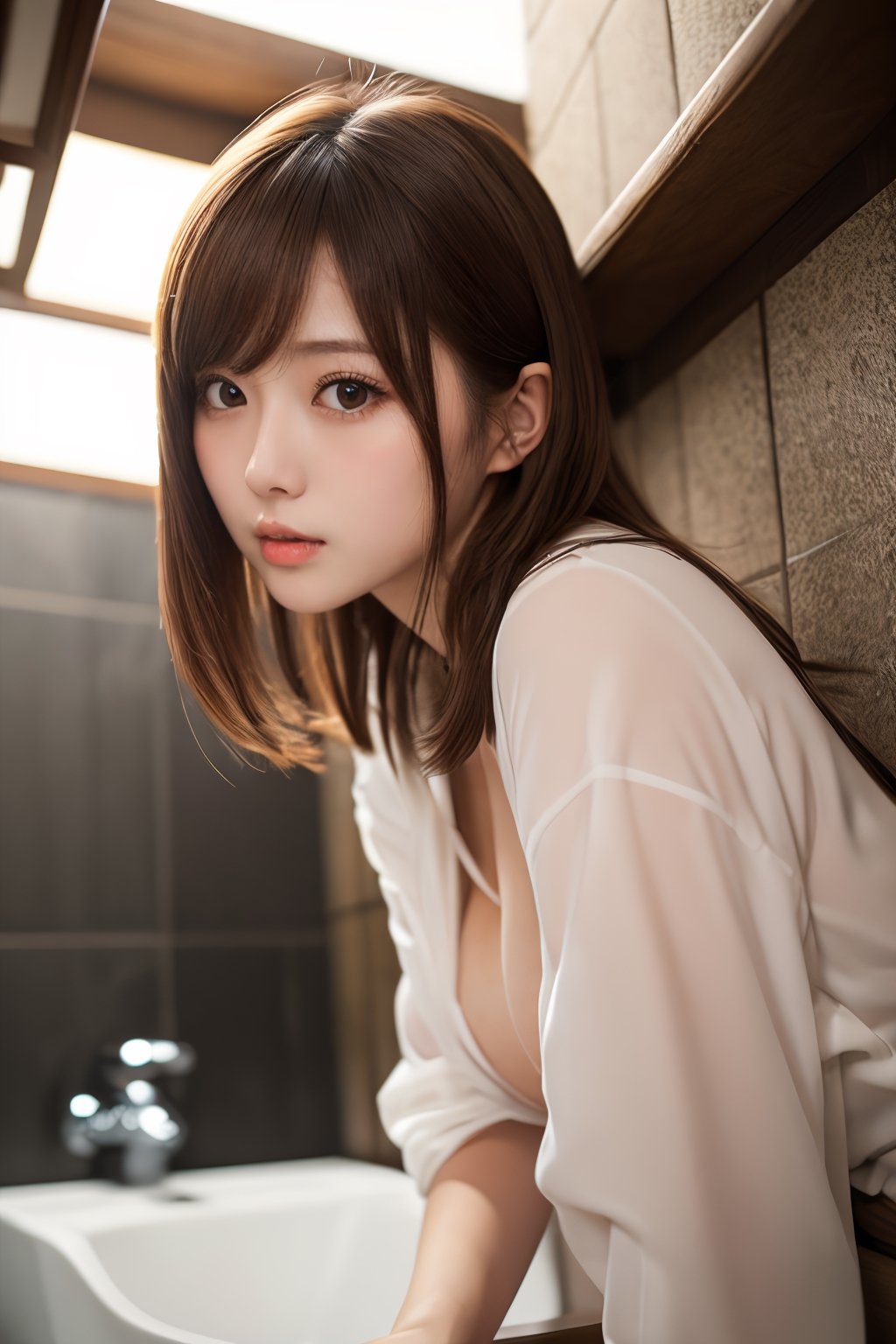 4K.HD. (Best Masterpiece, Best Quality, Best Quality) 1 beautiful girl, Light brown hair, Light brown eyes, Plump breast, Blushed face, buisiness suit, looking at the camera, (Japanese idle:1.5), Sitting on urinal, cowboy shot, (From below:1.3)