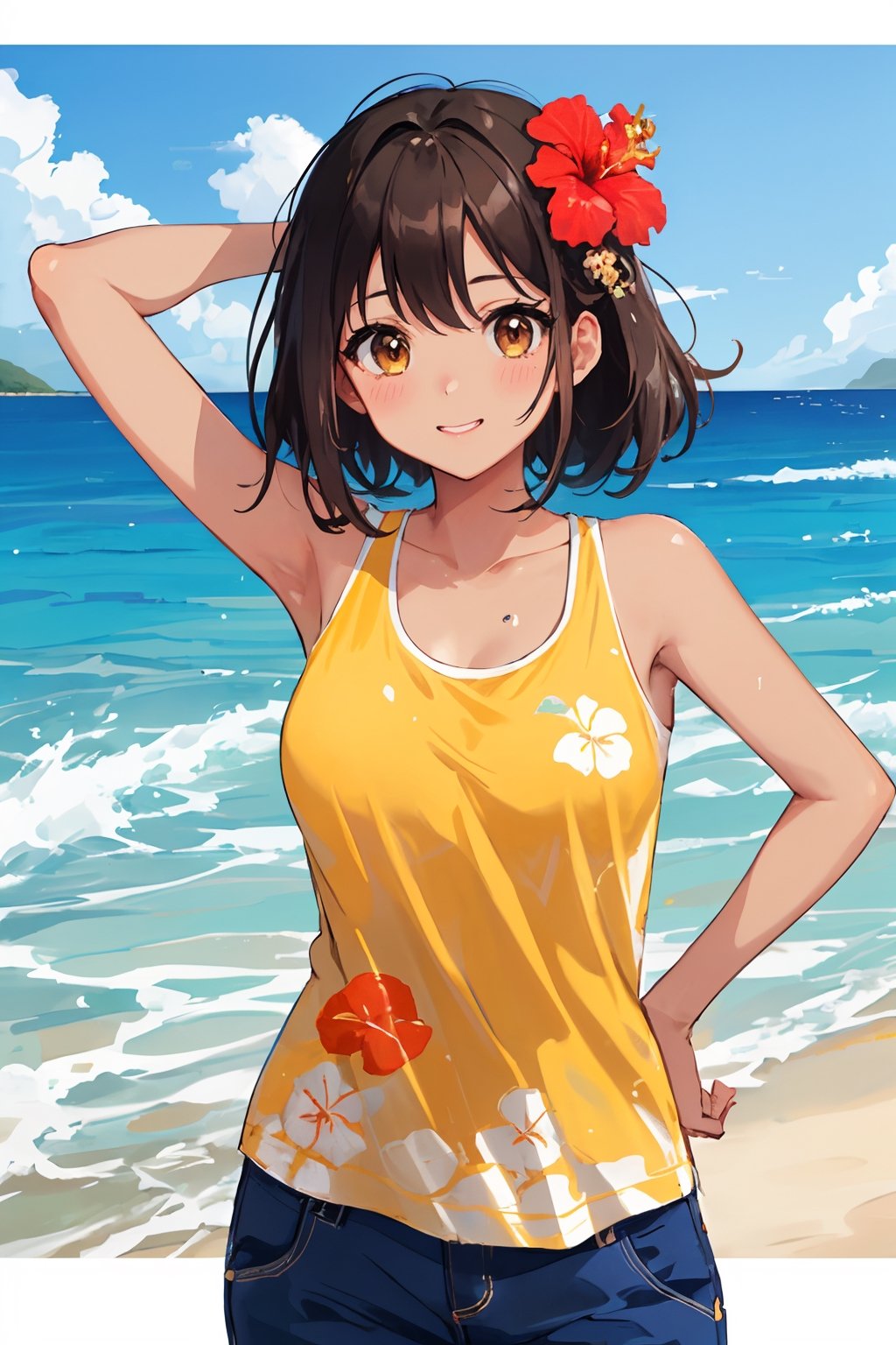 Sketch of tanned girl with dark brown hair splashing in the ocean, hibiscus, wearing orange tank top and blue cargo capris, Japanese aesthetic, summer aesthetic, ocean aesthetic, beach aesthetic, semi tropical, Okinawa, Okinawan, promotional poster, vibrant colors, color splash, high quality, detailed, best quality, sanrio aesthetic, kawaii, kawaii aesthetic, kawaii art