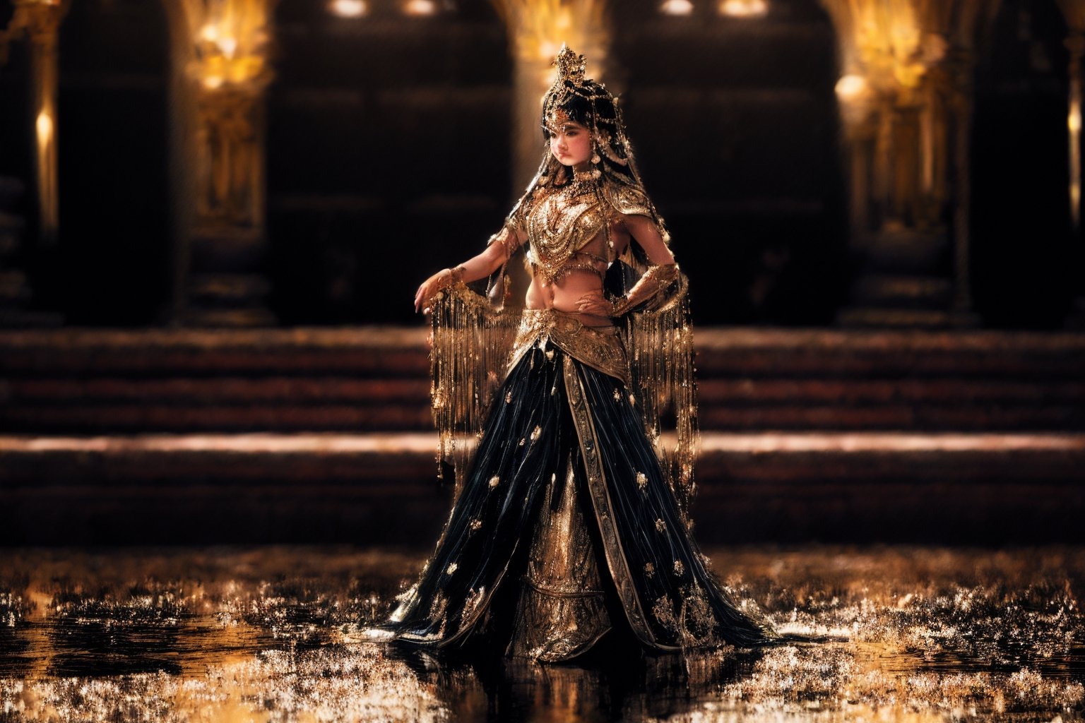 ((masterpiece)) ((super detailed)) ((high megapixel)) A pictorial illustration of a brown indian girl with gorgeous golden queen dress inside a palace ((detailed background)),  Big ass cheeks,  round ass,  Full body shot,  wet look,  Black hair with glossy lips,  Window light,  Dramatic lighting,  Dynamic poses,  , looking_at_viewer, , , , , 